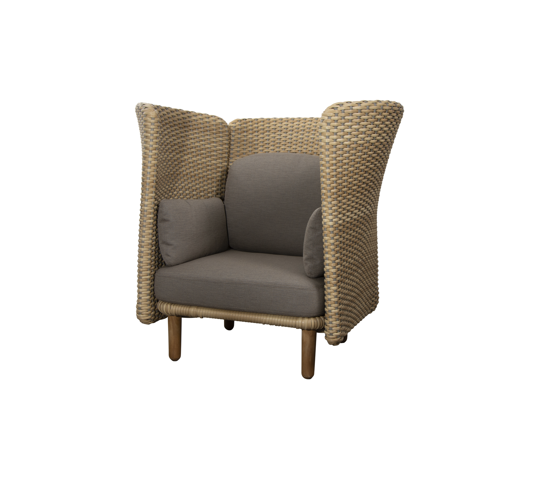 Stylischer Sessel mit einem gewebten Design und plüschigen grauen Kissen, der hohe Seiten für zusätzlichen Komfort und Privatsphäre bietet.