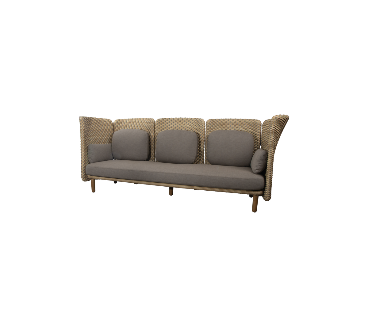 Stilvolles Dreisitzer-Sofa mit einem gewebten Design und grauen Kissen, perfekt für moderne Wohnräume.