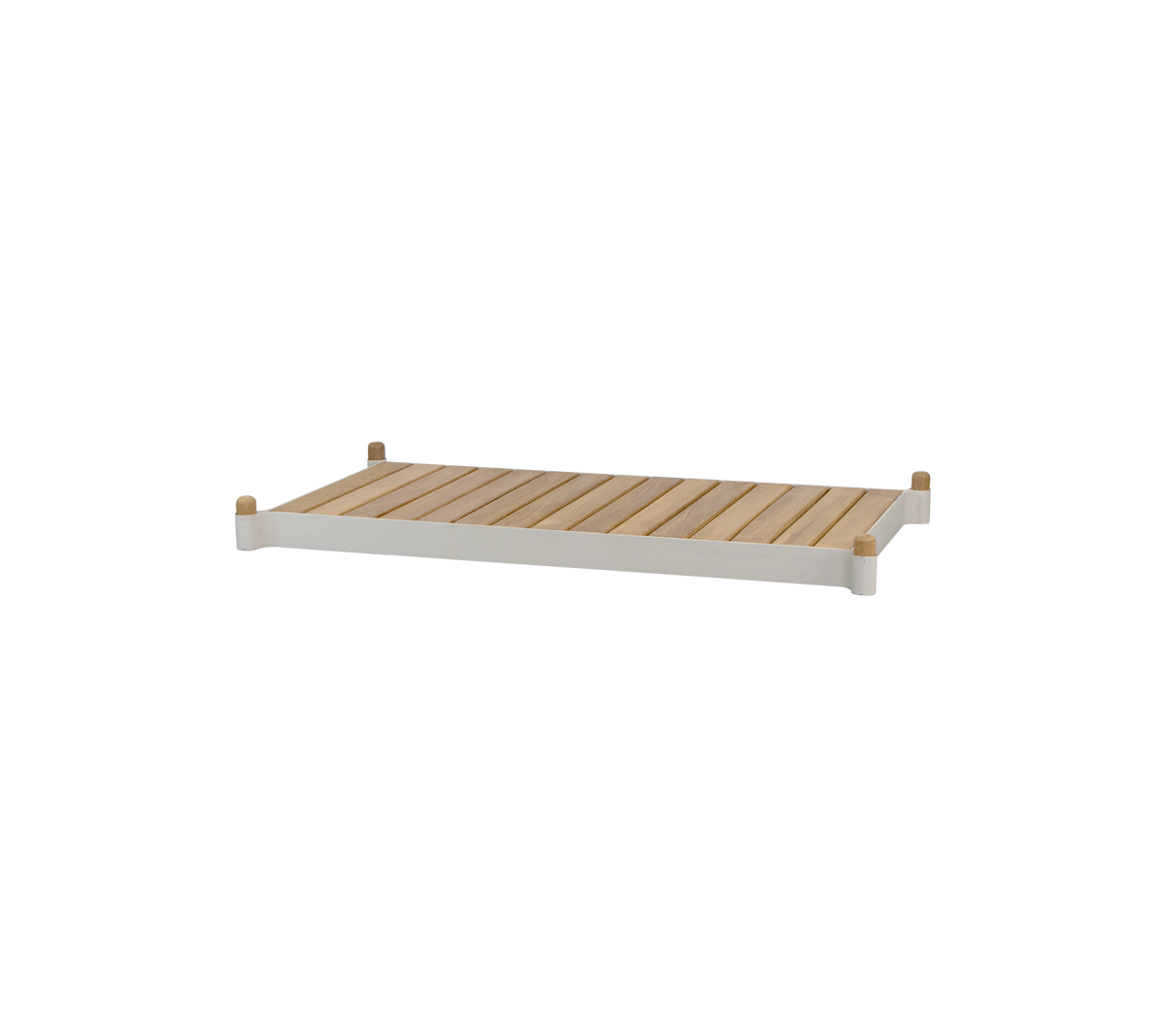 Ein slatted Holzregal mit glatten Kanten und hellem Holz, das ein minimalistisches Design bietet, das für verschiedene Verwendungen geeignet ist.