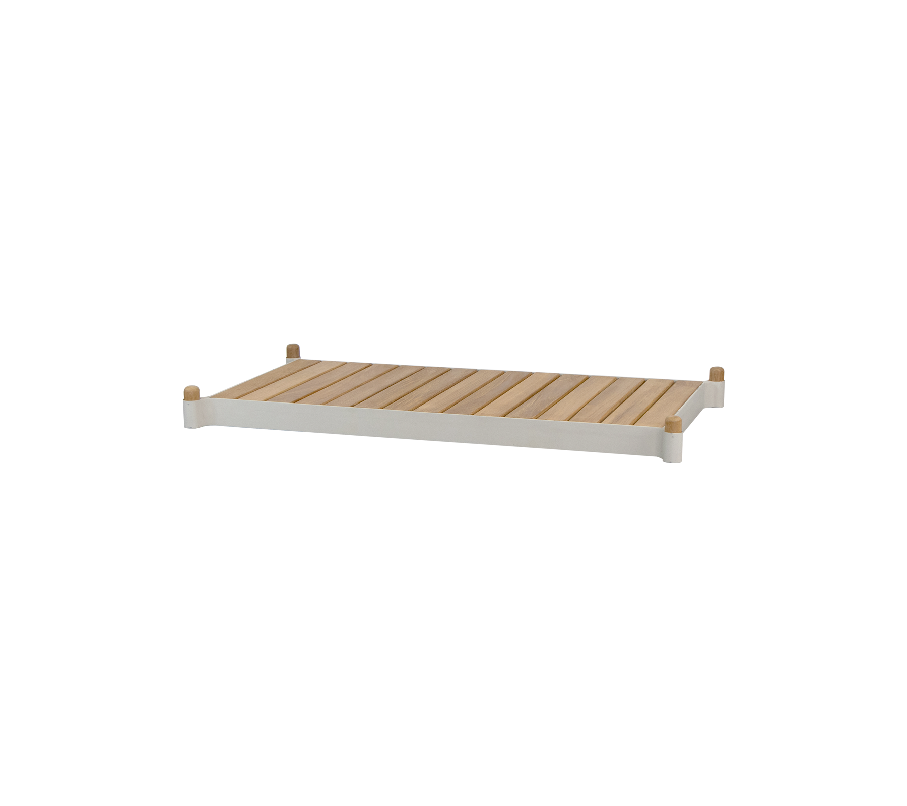 Ein slatted Holzregal mit glatten Kanten und hellem Holz, das ein minimalistisches Design bietet, das für verschiedene Verwendungen geeignet ist.