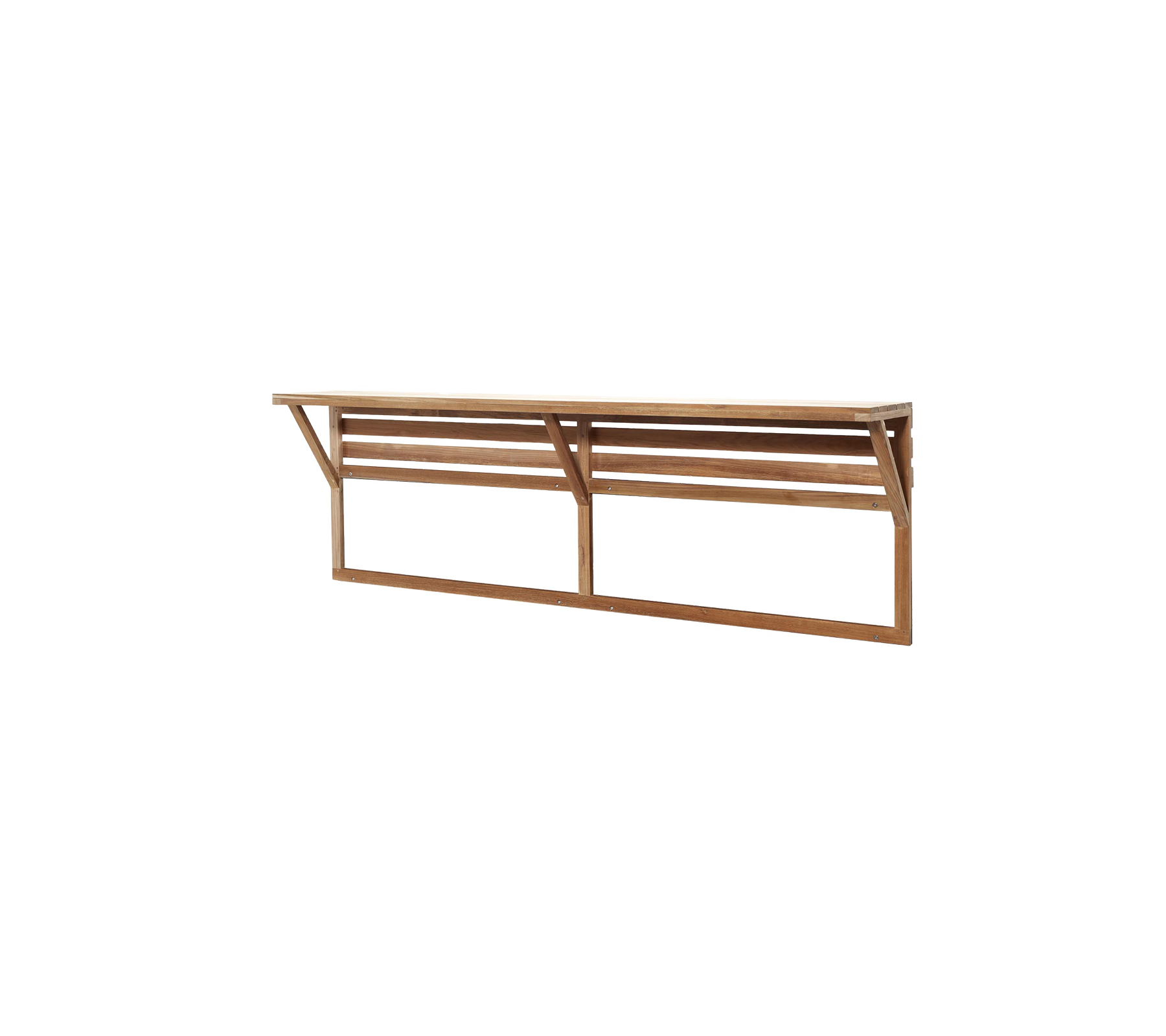 Ein eleganter Holzregal mit lamelliertem Design, ausgestattet mit stabilen Seitenstützen für zusätzliche Stabilität, ideal für verschiedene Anwendungen.