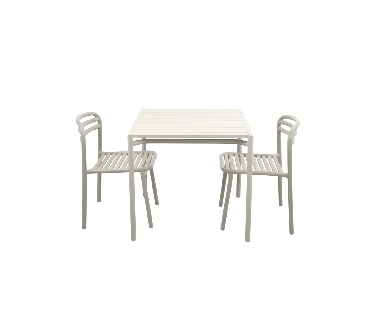 Minimalistischer Tisch mit zwei passenden Stühlen, die ein einfaches Design und eine helle Farboberfläche aufweisen.