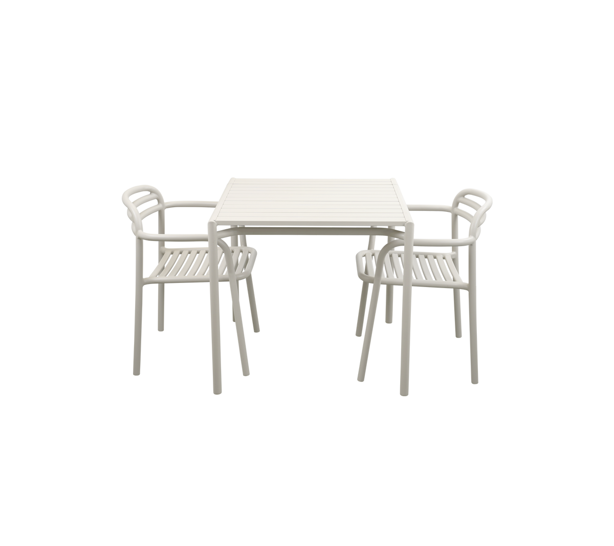 Ein hellfarbener Tisch mit zwei passenden Stühlen, der ein schlankes Design für ungezwungenes Essen oder Versammlungen bietet.