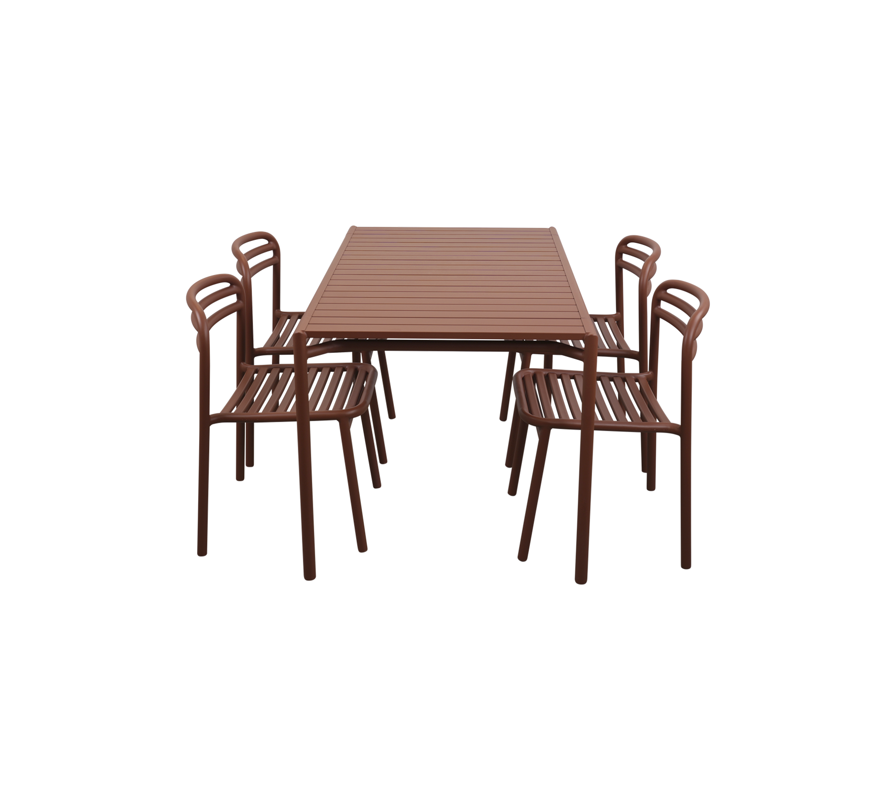 Rechteckiger Tisch mit sechs passenden Stühlen, alle mit einem schlanken braunen Design und lamellenförmigen Oberflächen. Ideal für das Essen oder Versammlungen.