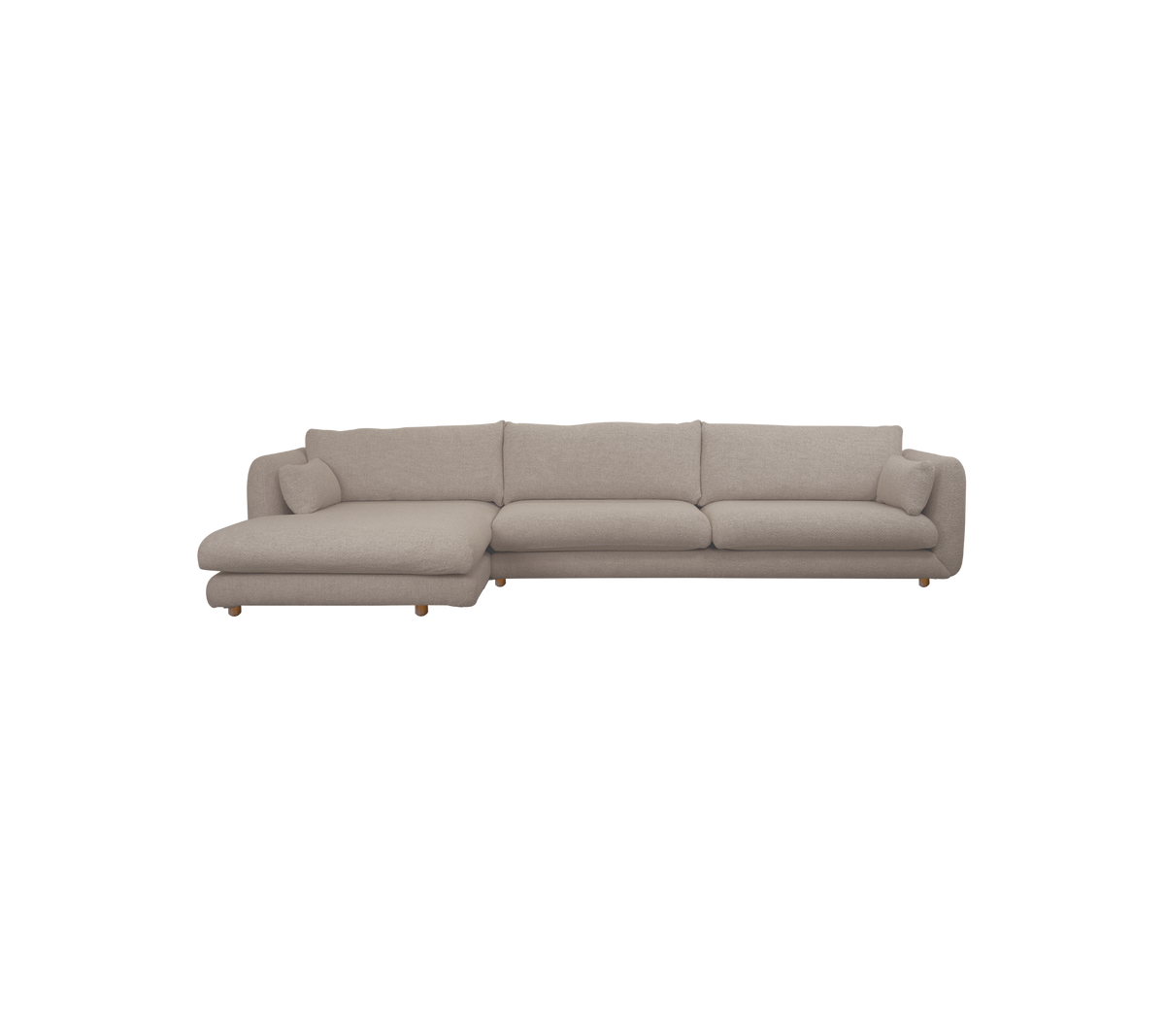 Hellbraunes modernes Sofa mit einem Chaiselongue-Bereich.