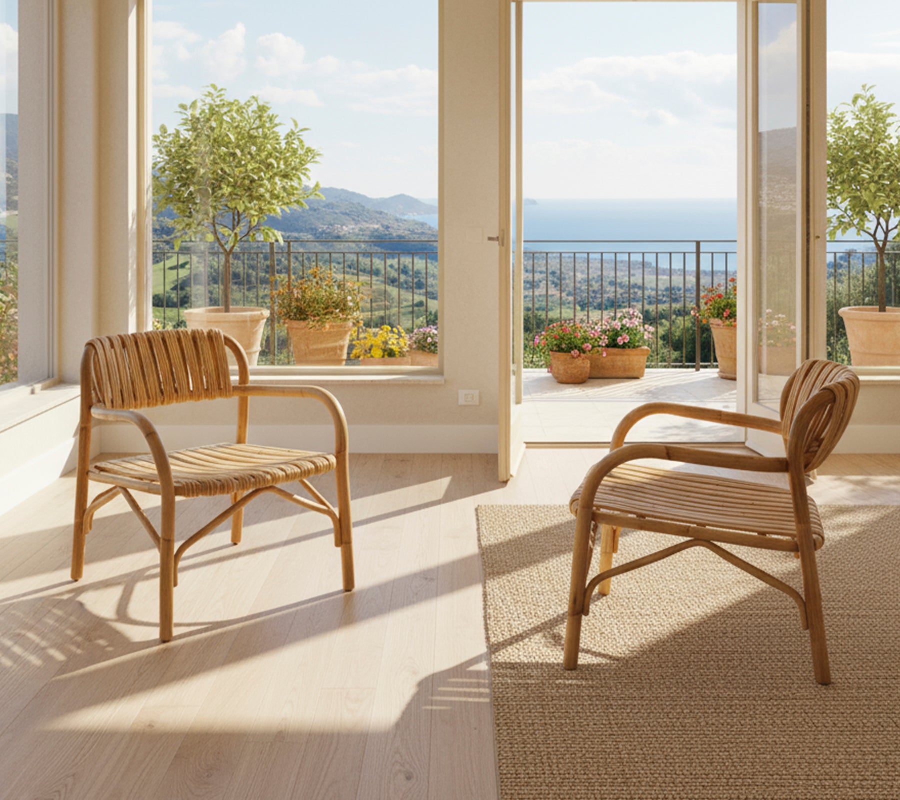 Zwei moderne Rattanstühle in einer sonnendurchfluteten Lounge mit malerischem Ausblick.