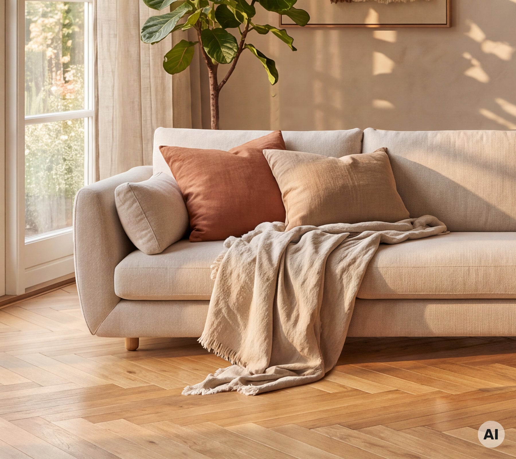 Moderne beige Sofa, geschmückt mit braunen und hellgrauen Kissen, akzentuiert durch eine cremefarbene Decke.