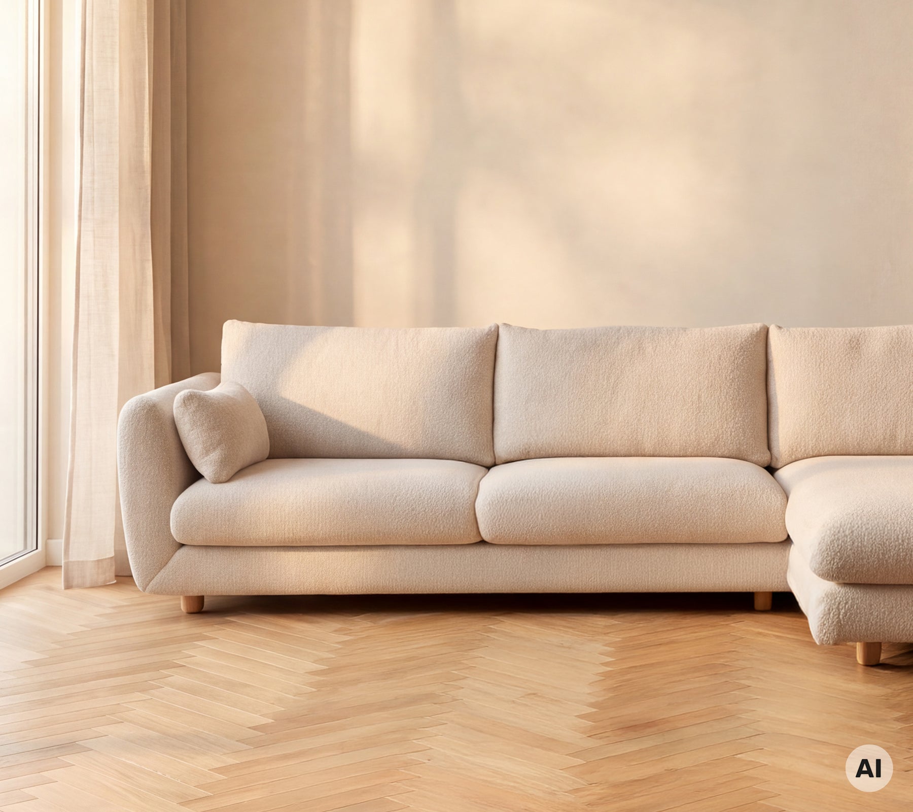 Beige Sofa gegen eine helle Wand in einem modernen Lounge-Ambiente.