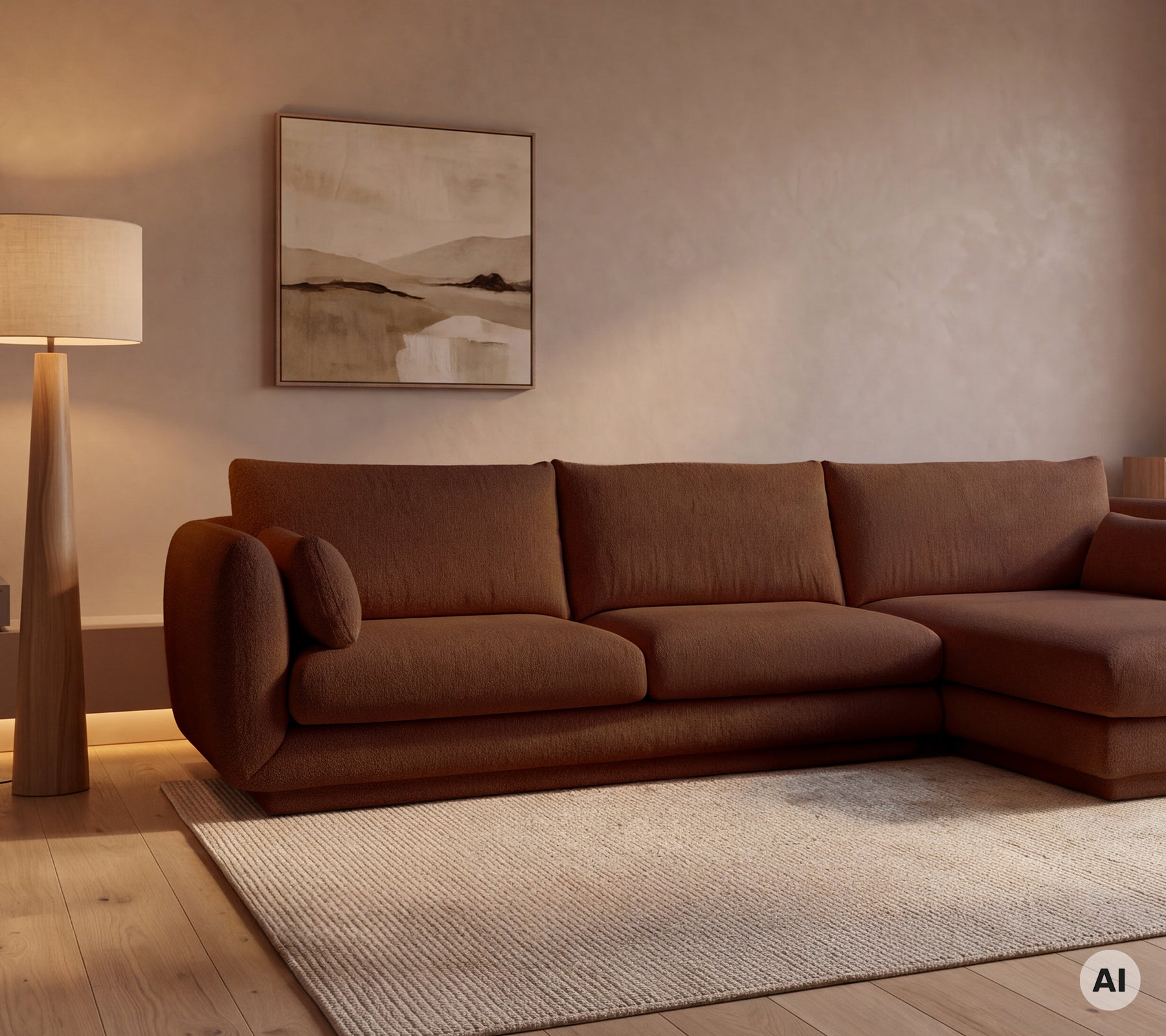 Braune moderne Couch mit einem beigen Teppich und einer Stehlampe in einem gemütlichen Lounge-Ambiente.