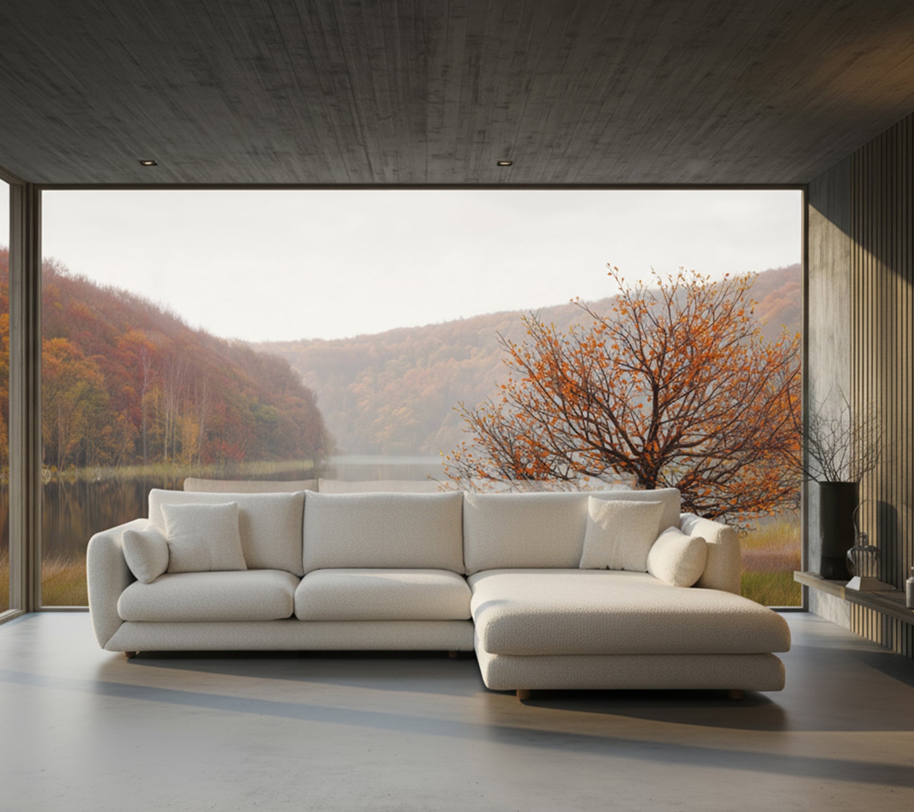 Moderne weiße Wohnlandschaft in einer Lounge mit malerischem Blick.