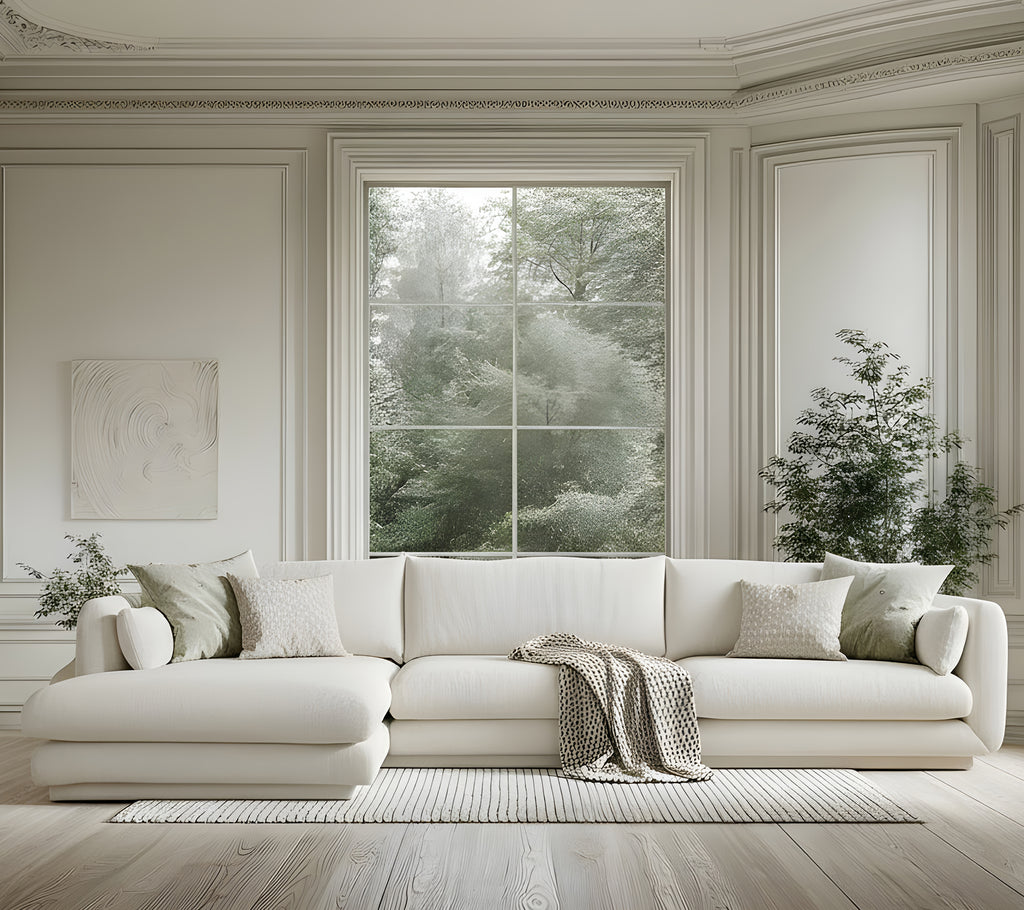 Moderne weiße Sofa mit grünen Kissen und einer grauen Decke in einem minimalistischen Wohnzimmer.