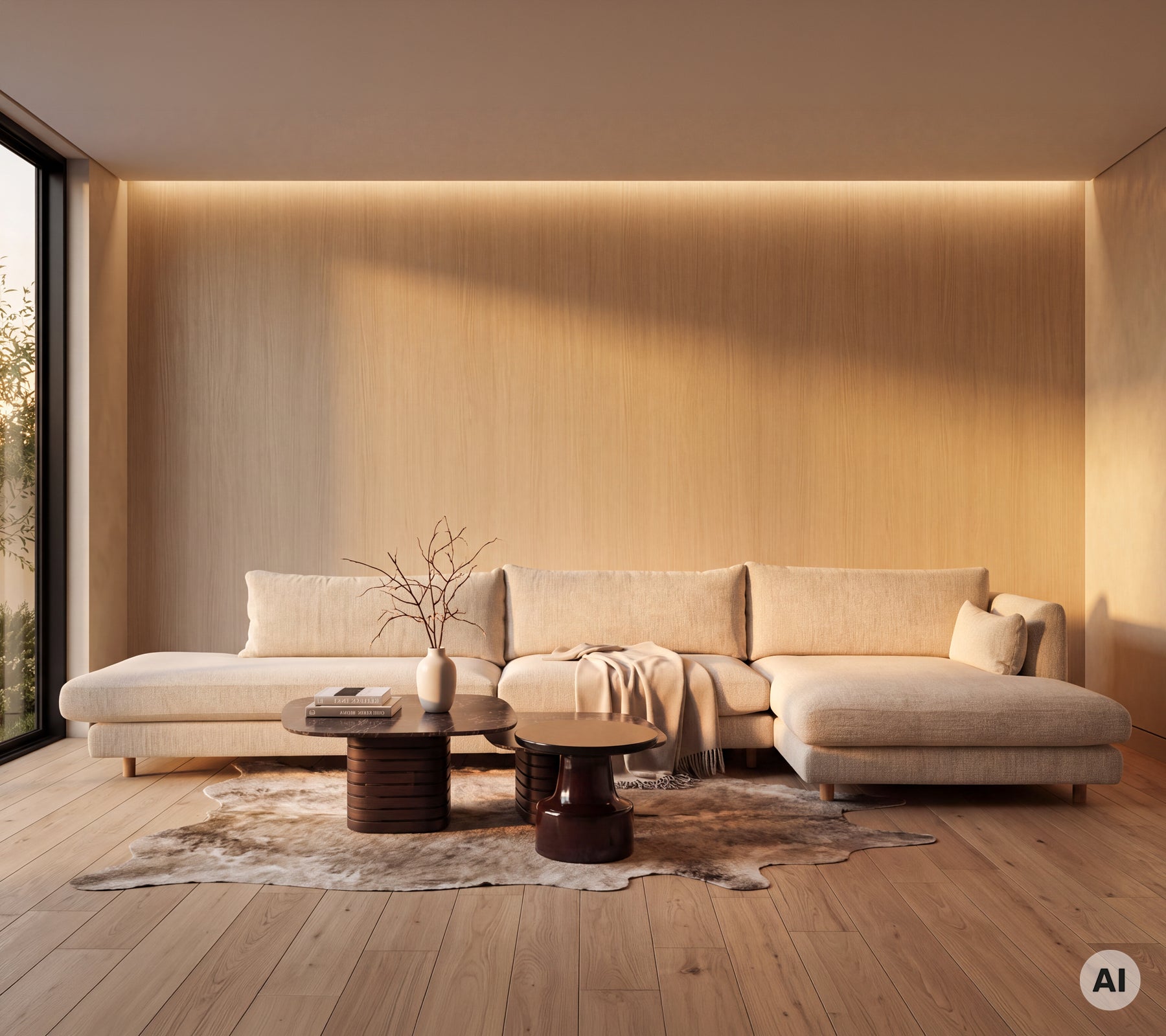 Moderne Lounge mit einem beigen Sofa, einem runden Holztisch und einem weißen Teppich.