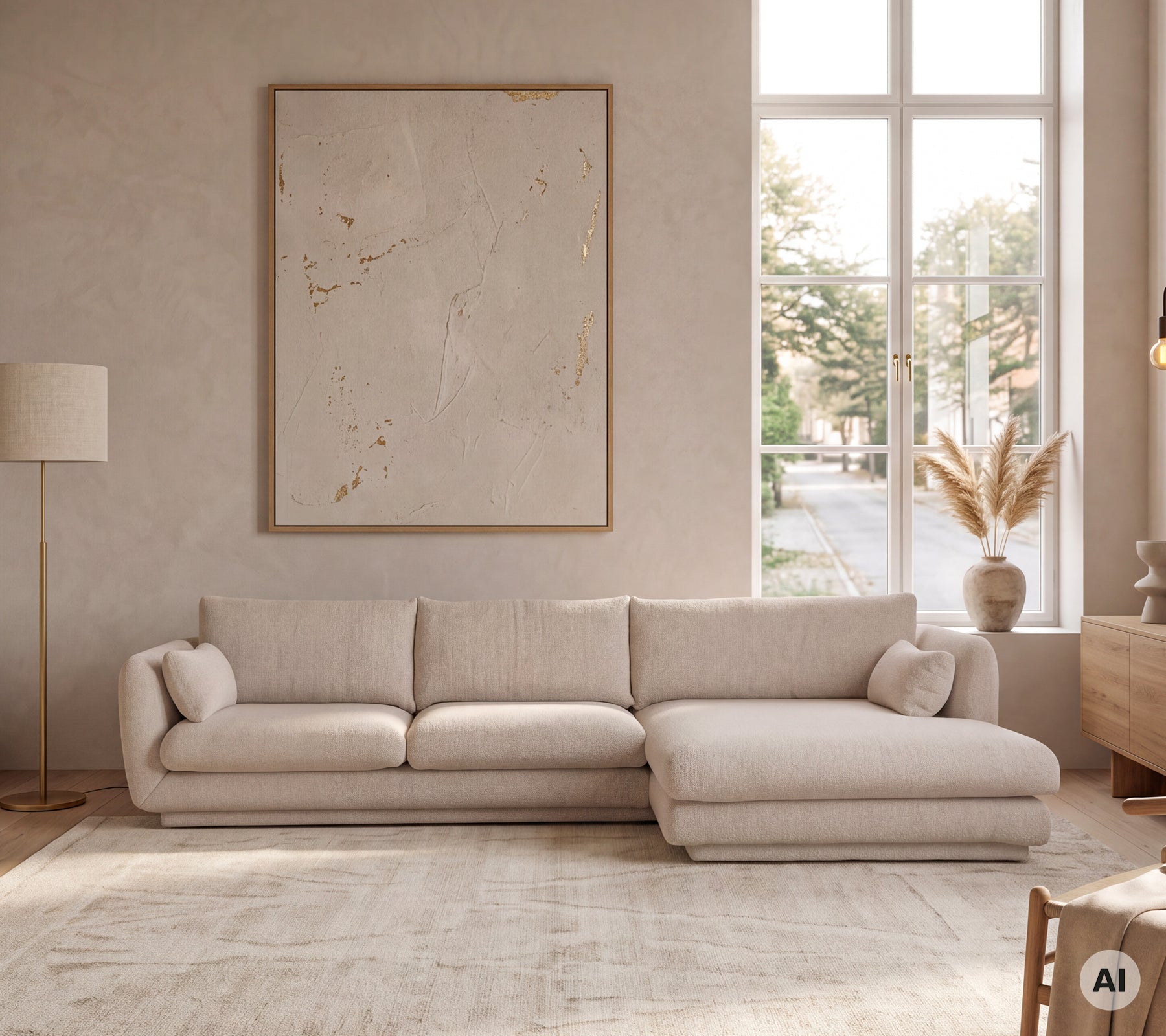 Beige moderne Sofa in einer minimalistischen Lounge-Umgebung mit großen Fenstern.