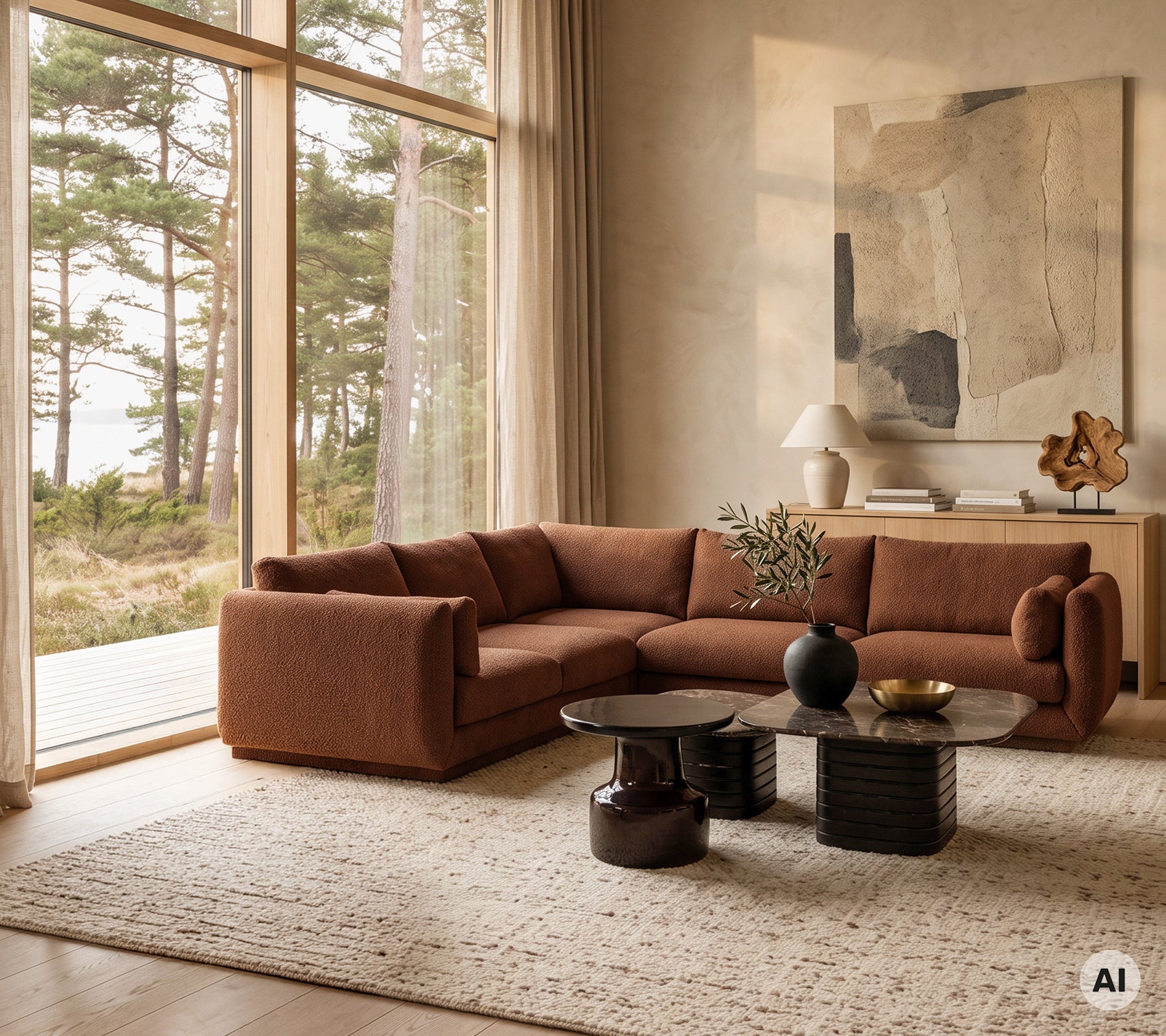 Moderne braunes Sofa mit einem schwarzen Couchtisch und einer dekorativen Vase in einem minimalistischen Wohnzimmer.