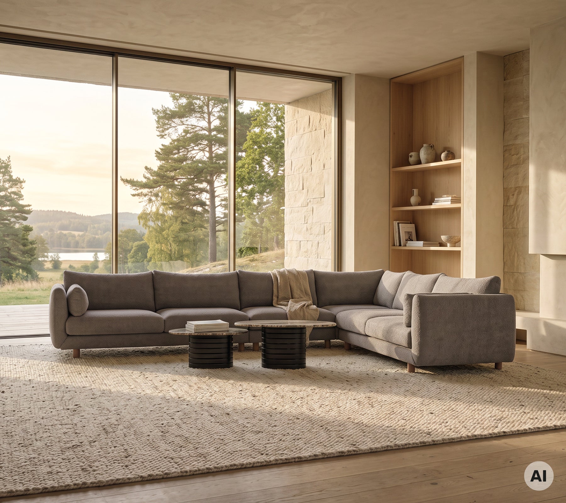 Moderne graues Sofa kombiniert mit einem schwarzen Couchtisch in einem geräumigen Loungebereich.