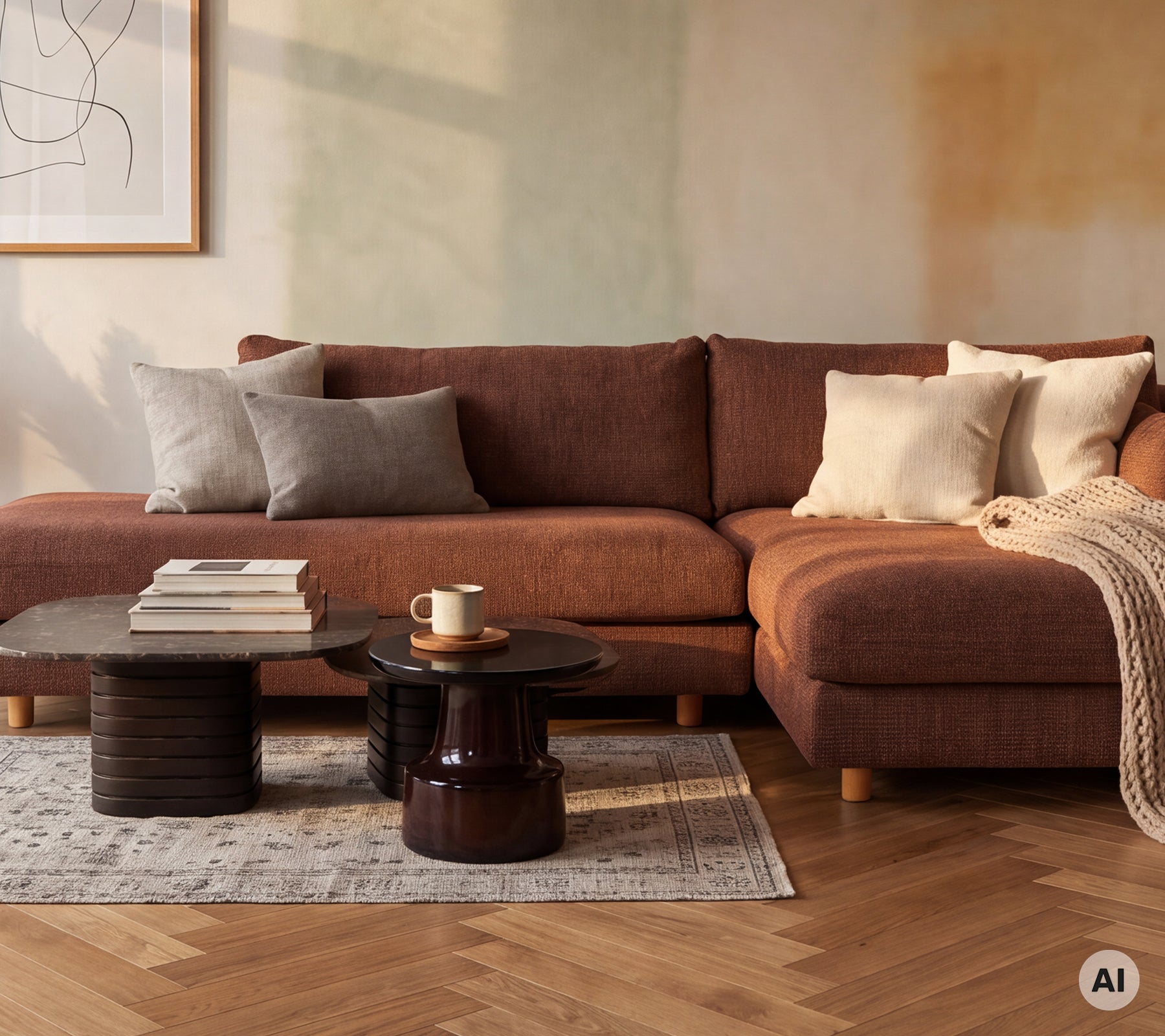 Gemütlicher Loungebereich mit einem braunen Sofa, grauen und crèmefarbenen Kissen und einem schwarzen Tisch.