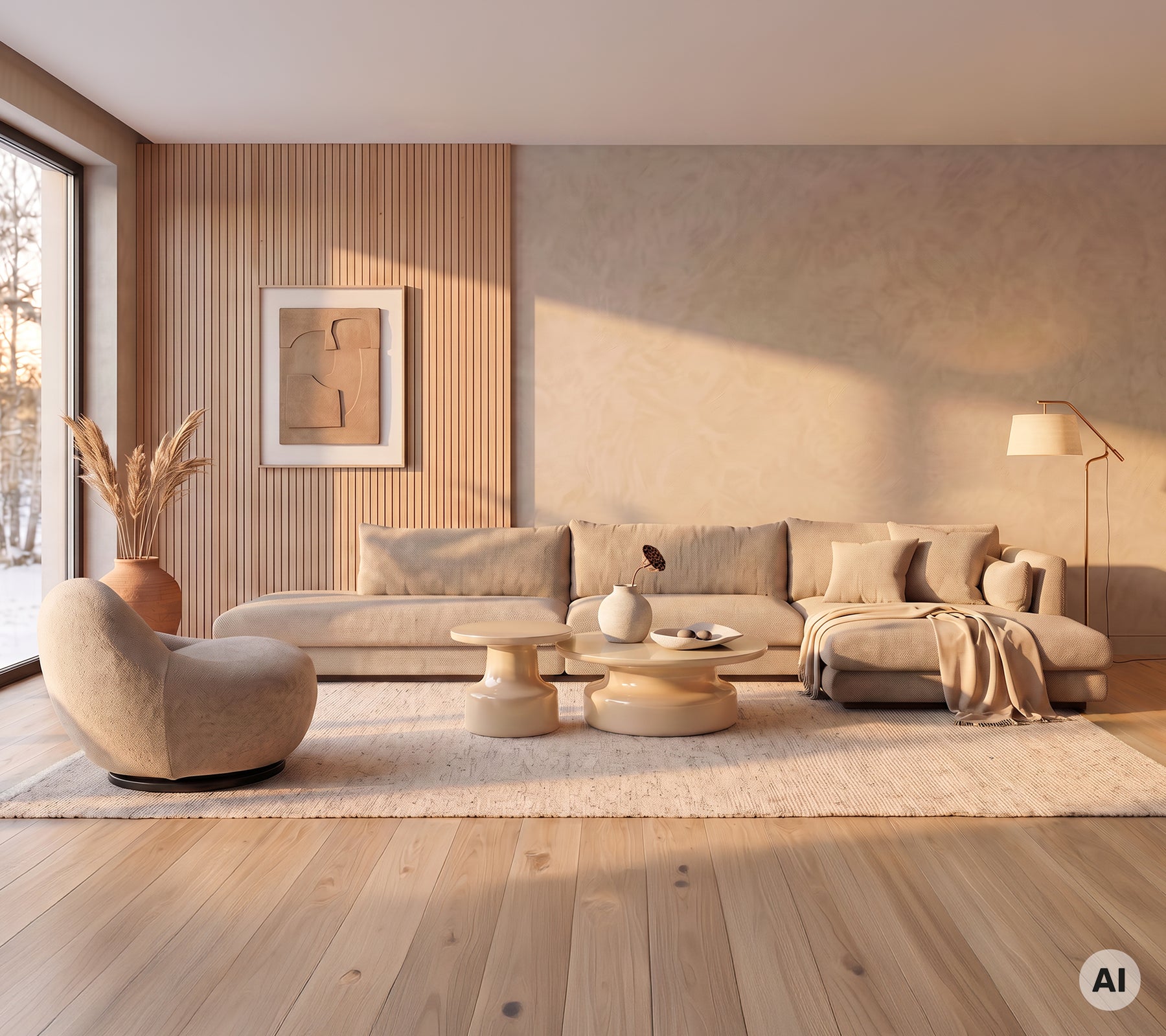 Beige Sofa und Chaiselongue mit rundem Kaffeetisch in einem modernen Lounge-Ambiente.