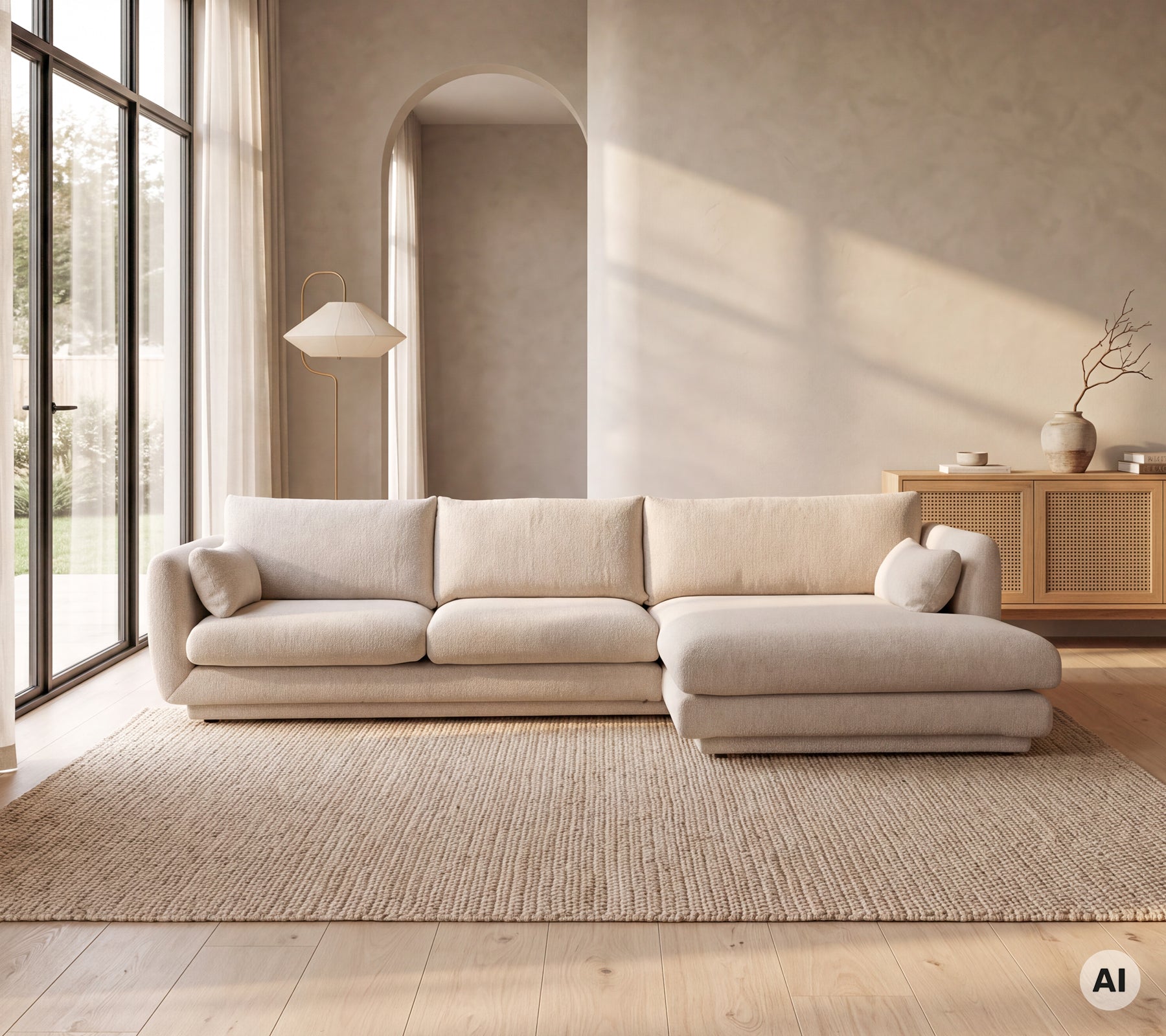 Moderne beiger Sofa in einem minimalistischen Wohnzimmer mit einem Teppich.