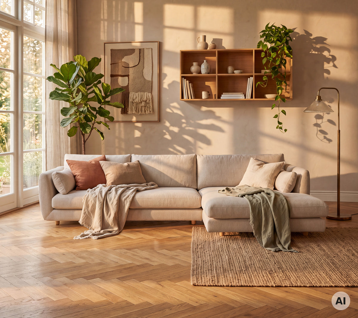 Gemütliches modernes Wohnzimmer mit einem beigen Sofa, einem rosa Kissen, einer grünen Decke und einem braunen Teppich.