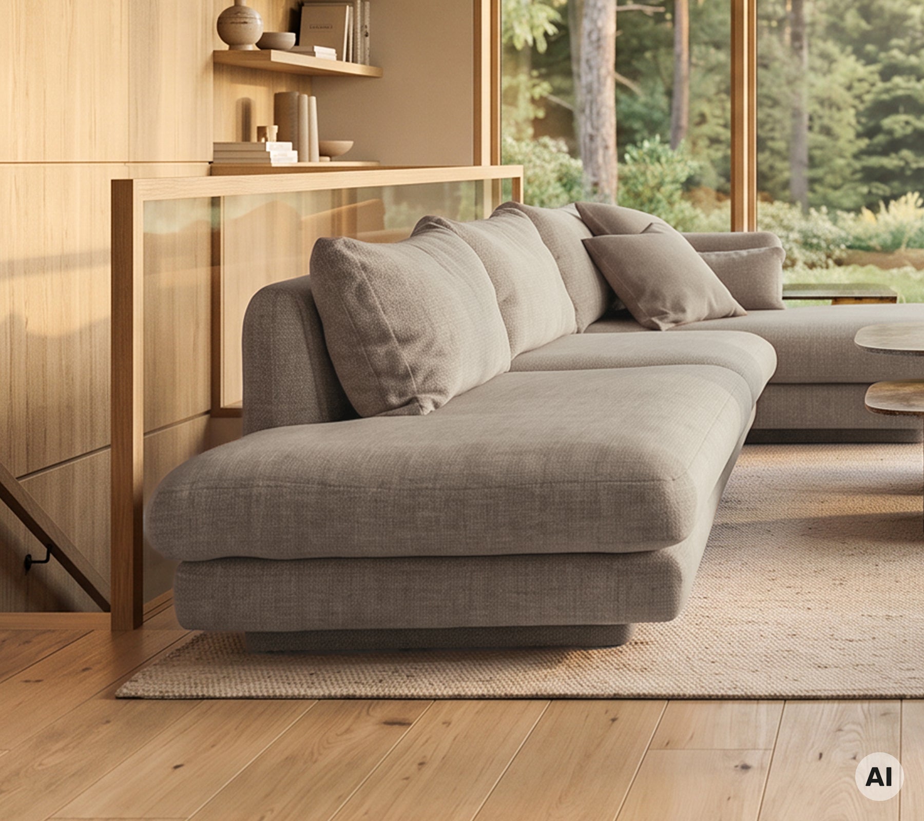 Moderne graue Couch mit passenden Kissen in einem minimalistischen Lounge-Setting.