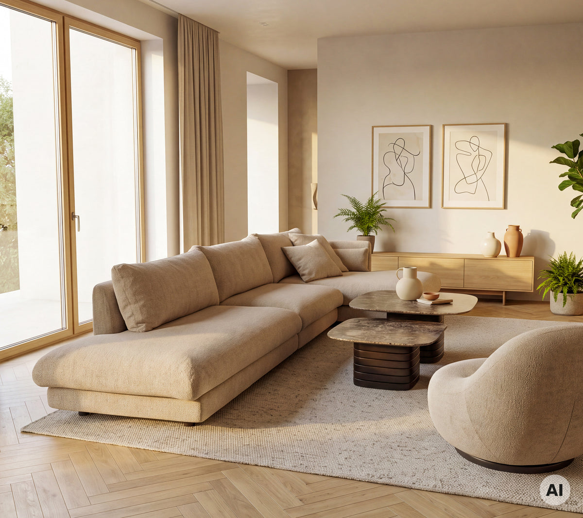 Beige Sofa und Sessel mit einem runden Couchtisch in einem modernen Lounge-Ambiente.
