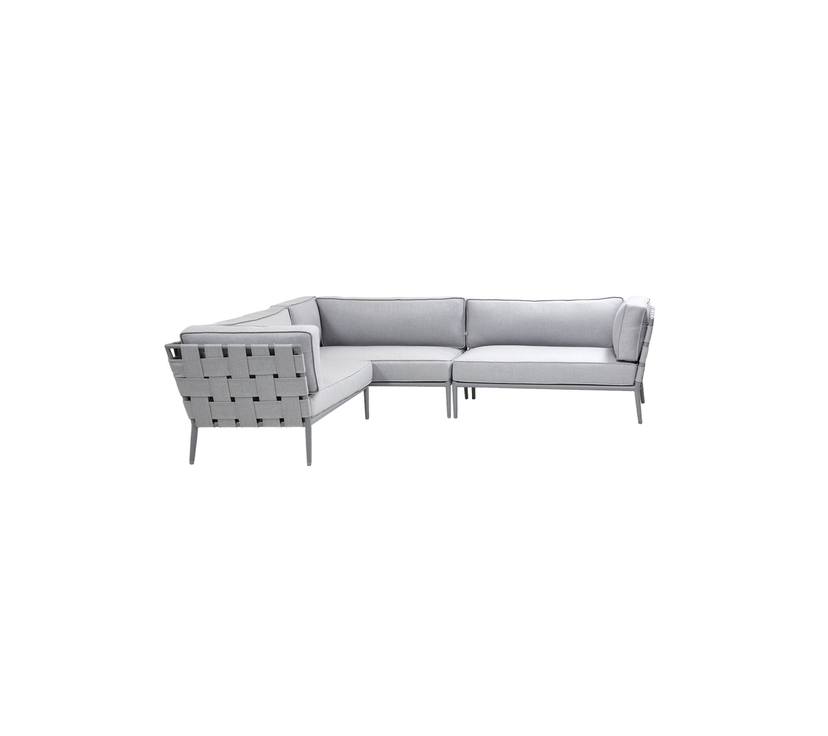 Moderne hellgraue Ecksofa mit minimalistischem Design und gewebten Details an der Rückenlehne, perfekt für stilvolles Sitzen.