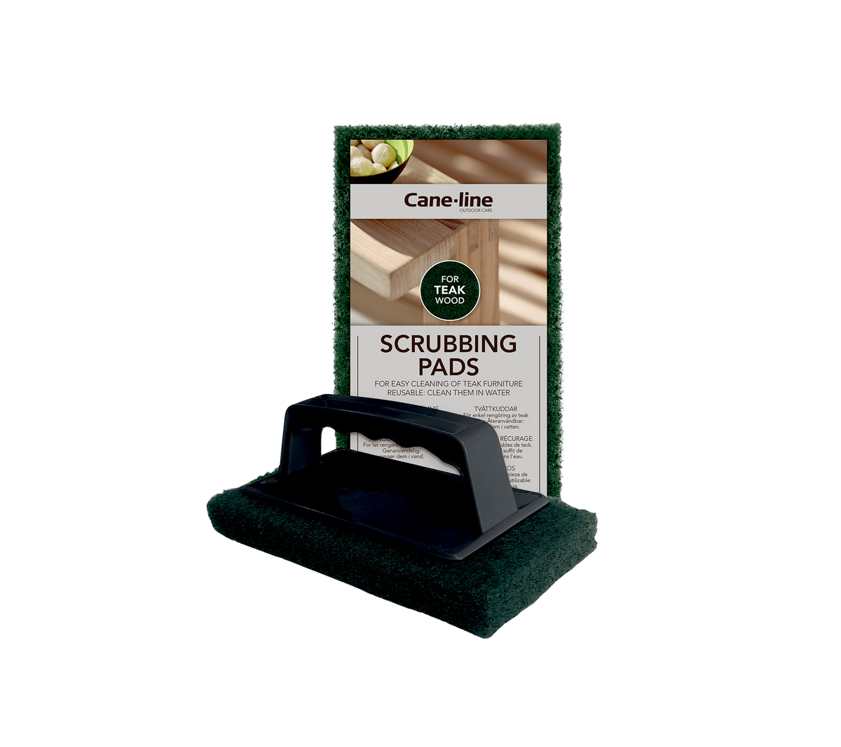 Reinigungspads mit Griff, entworfen für effektives Reinigen. Inklusive Verpackung mit dem Produktnamen. Ideal für verschiedene Reinigungsaufgaben.