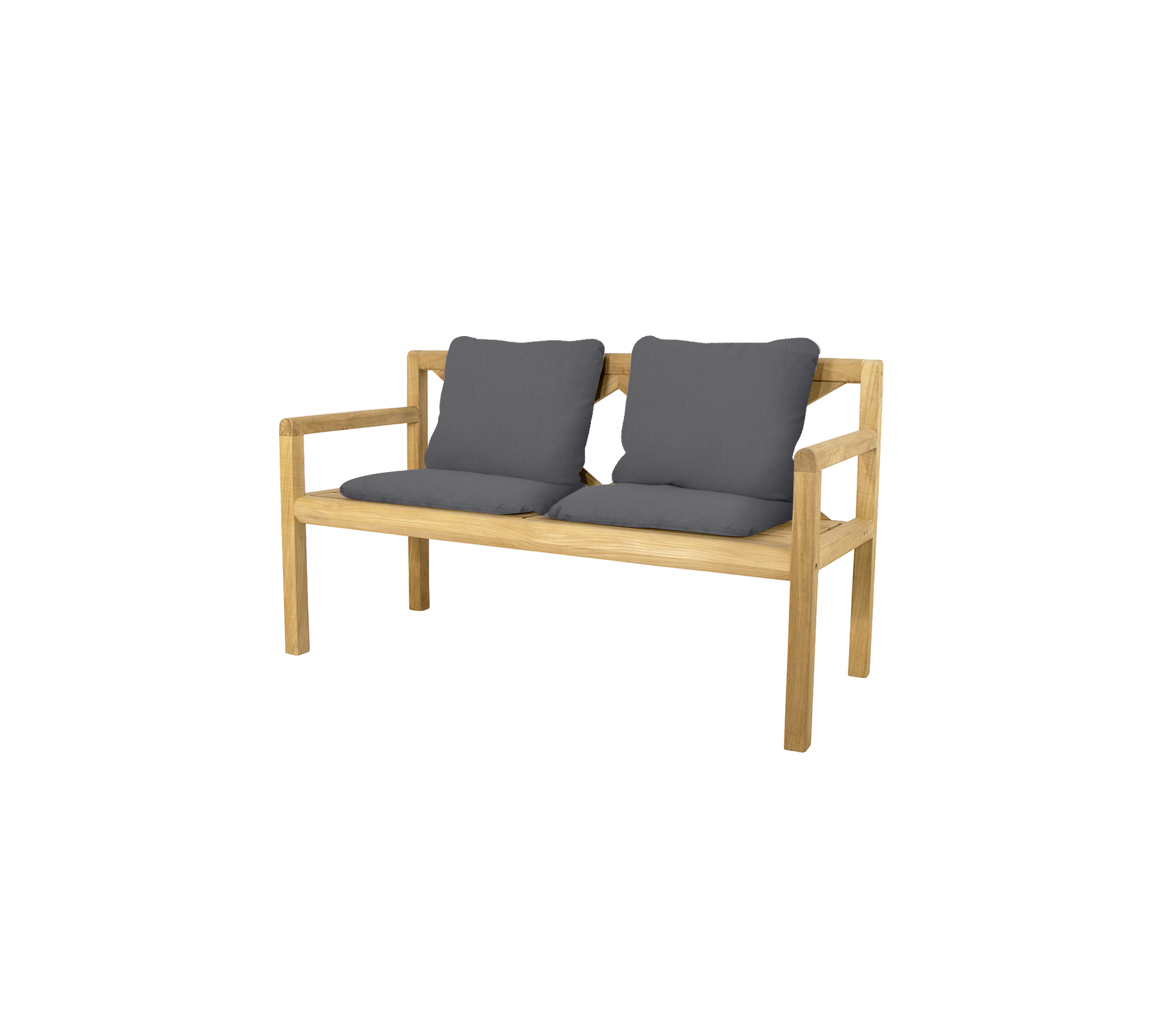 Elegante Zwei-Personen-Bank mit einem natürlichen Holzgestell und weichen grauen Kissen für Komfort. Perfekt zum Entspannen oder Geselligkeit.