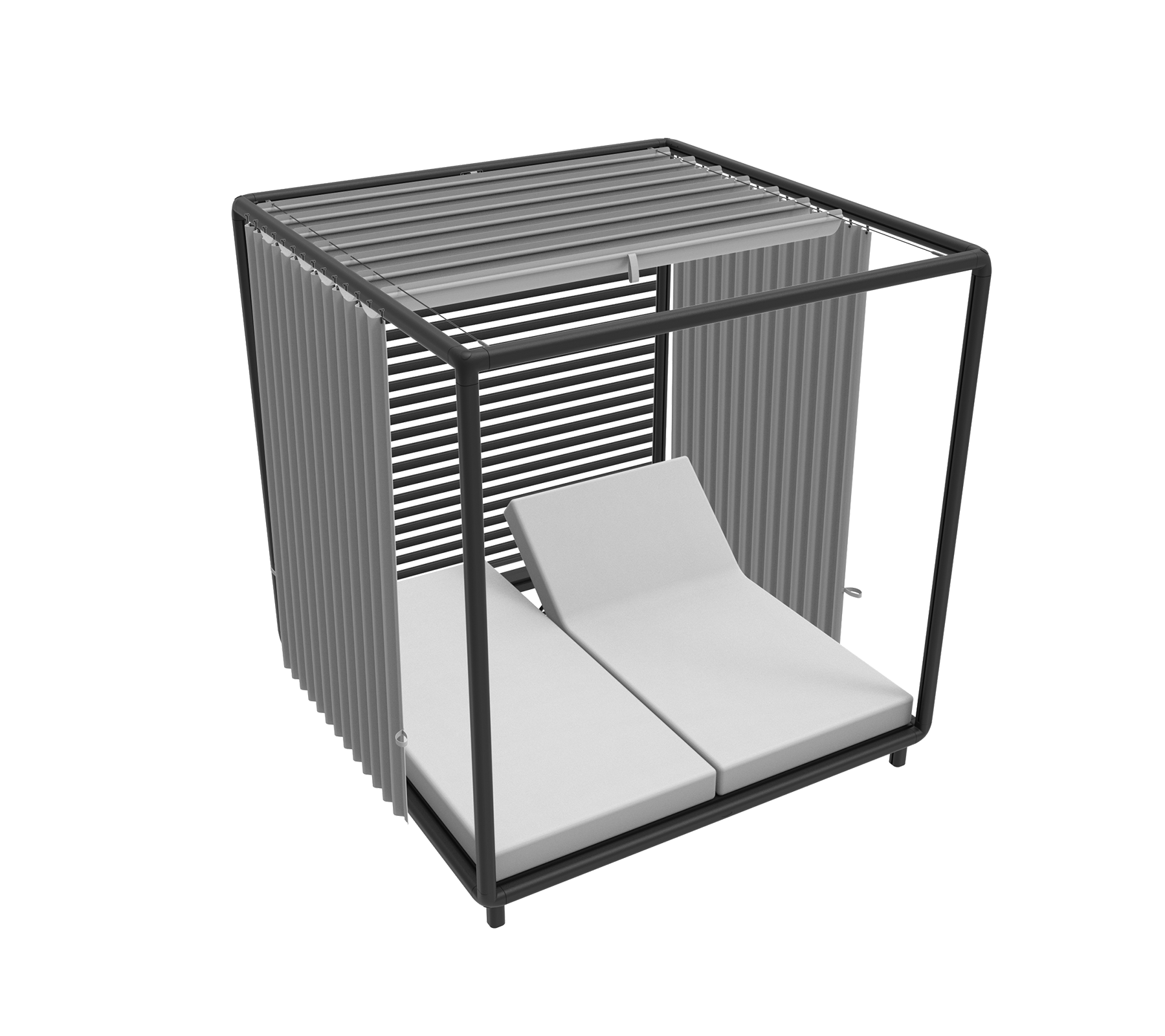 Stylische Cabaña mit einem eleganten Rahmen und zwei bequemen Loungesesseln, ideal zum Entspannen und Sonnenbaden.