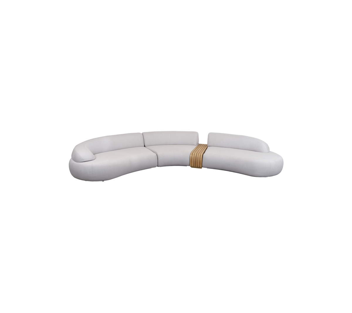 Stylische, geschwungene Sofa mit sleekem Design, weicher Polsterung und einem Holzakzent für einen modernen Look. Perfekt für Entspannungsräume.