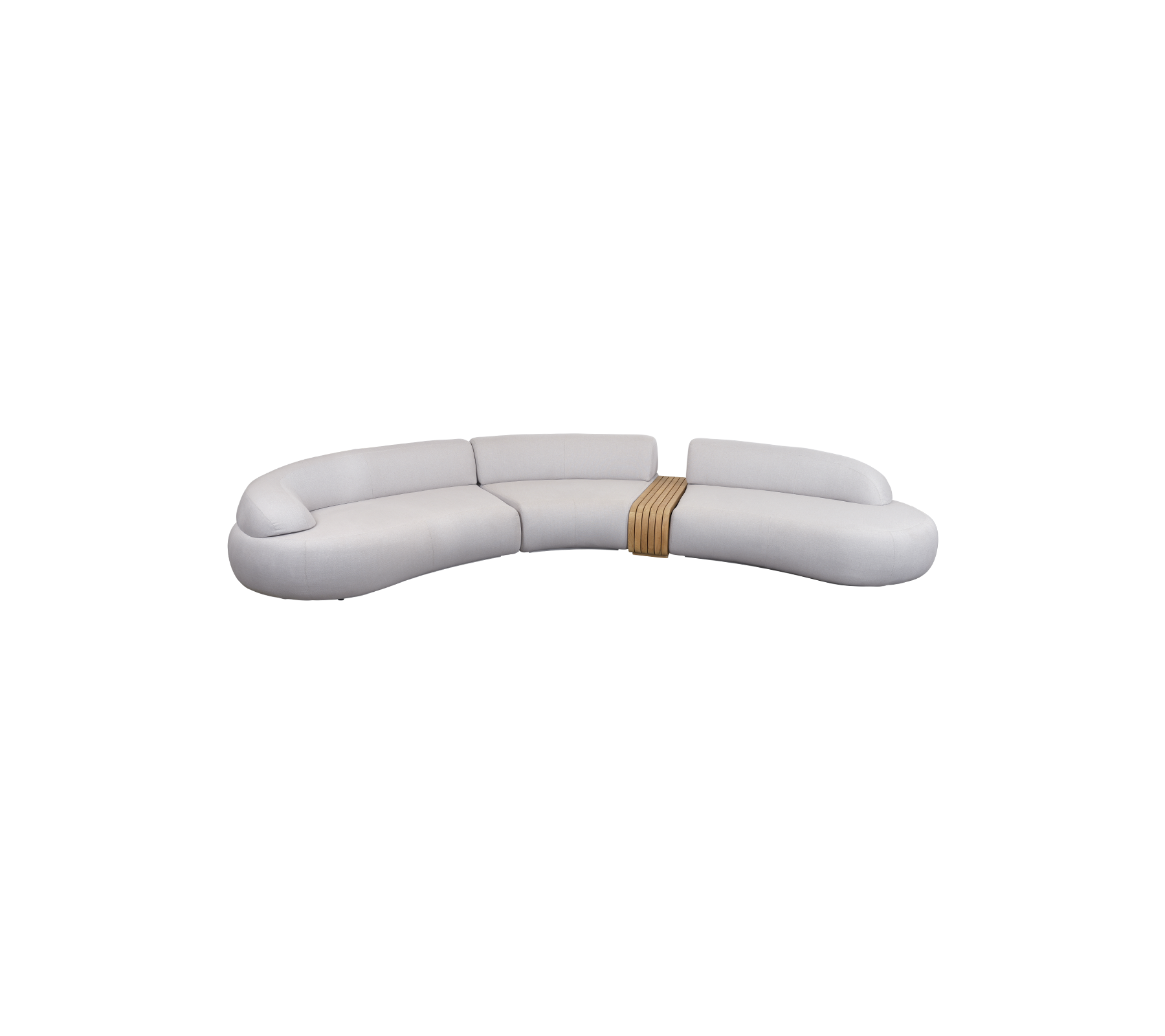 Stylische, geschwungene Sofa mit sleekem Design, weicher Polsterung und einem Holzakzent für einen modernen Look. Perfekt für Entspannungsräume.