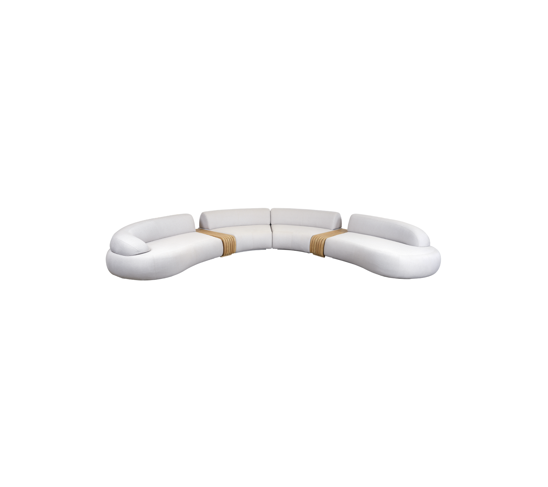 Gekrüfte weiße Couch mit sanften Linien und Holzakzenten, entworfen für Komfort und modernes Design. Ideal für jeden Wohnbereich.