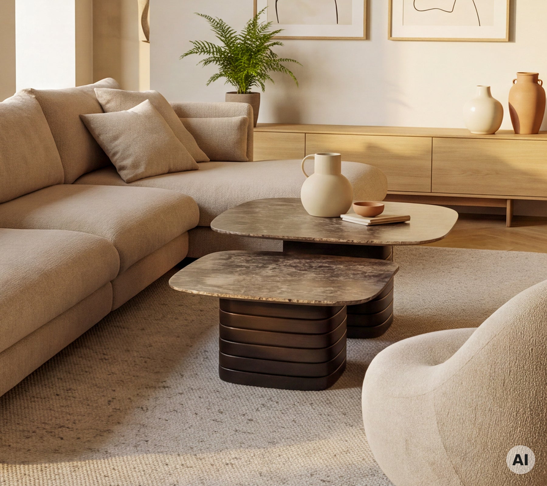 Beige Sofa mit einem braunen Couchtisch und einer weißen Vase in einem modernen Lounge-Ambiente.