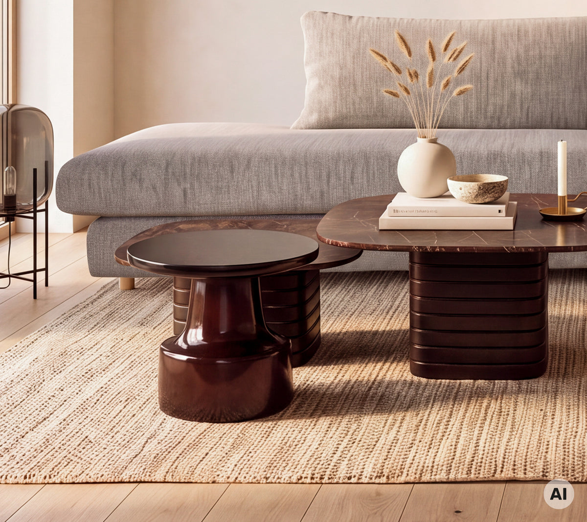 Graues Sofa mit braunem Couchtisch und schwarzem Beistelltisch in einem modernen Lounge-Ambiente.