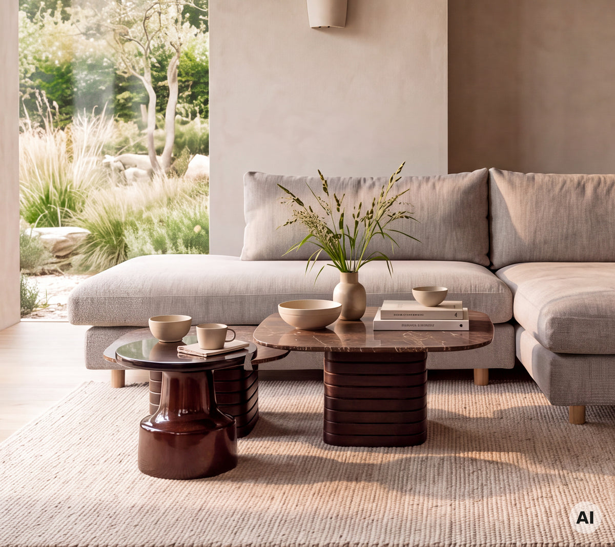 Modernes Wohnzimmer mit einem grauen Sofa, einem braunen Tisch und einem beigen Teppich.