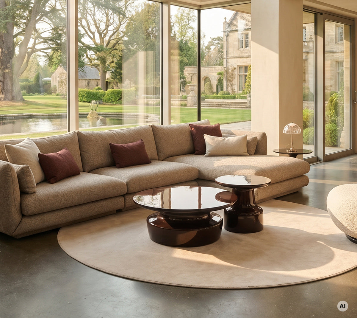 Moderne Lounge mit beigem Sectionals Sofa, braunem Couchtisch und cremefarbigem Teppich.