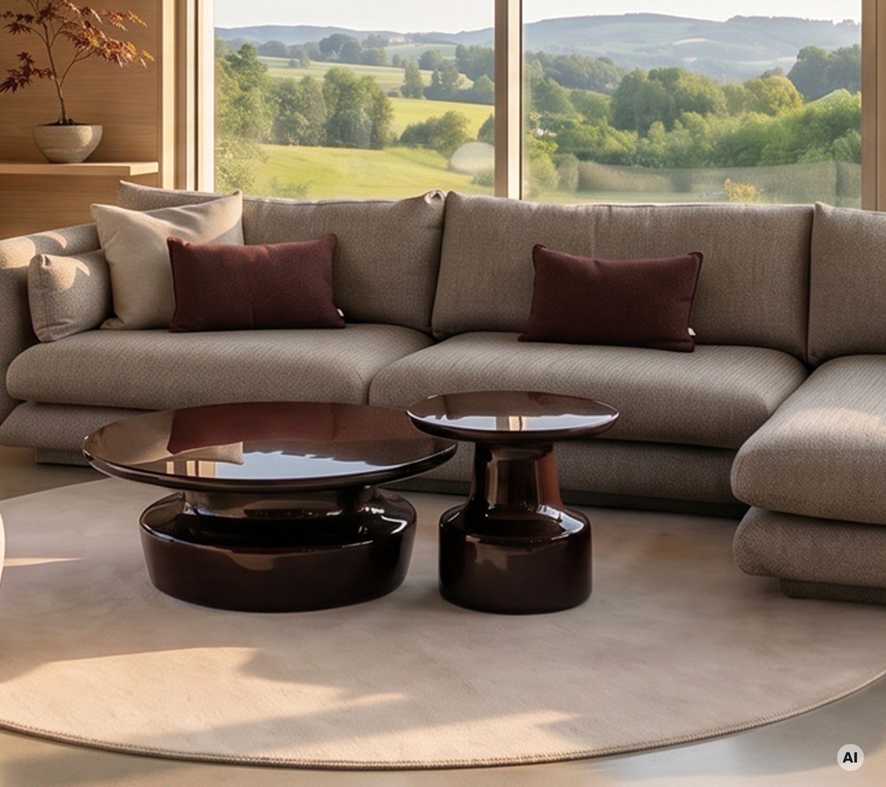 Moderne Lounge mit einer grauen Eckcouch mit braunen Kissen und schwarzen Tischen.