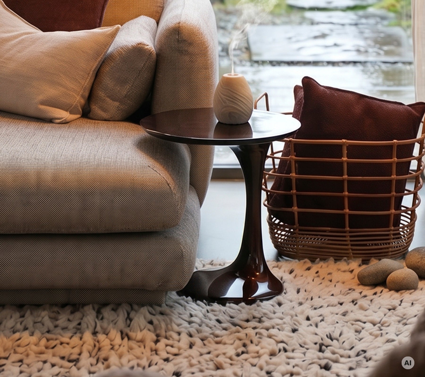 Moderne Lounge mit grauem Sofa, braunem Beistelltisch, rotem Kissen und weißer Vase.