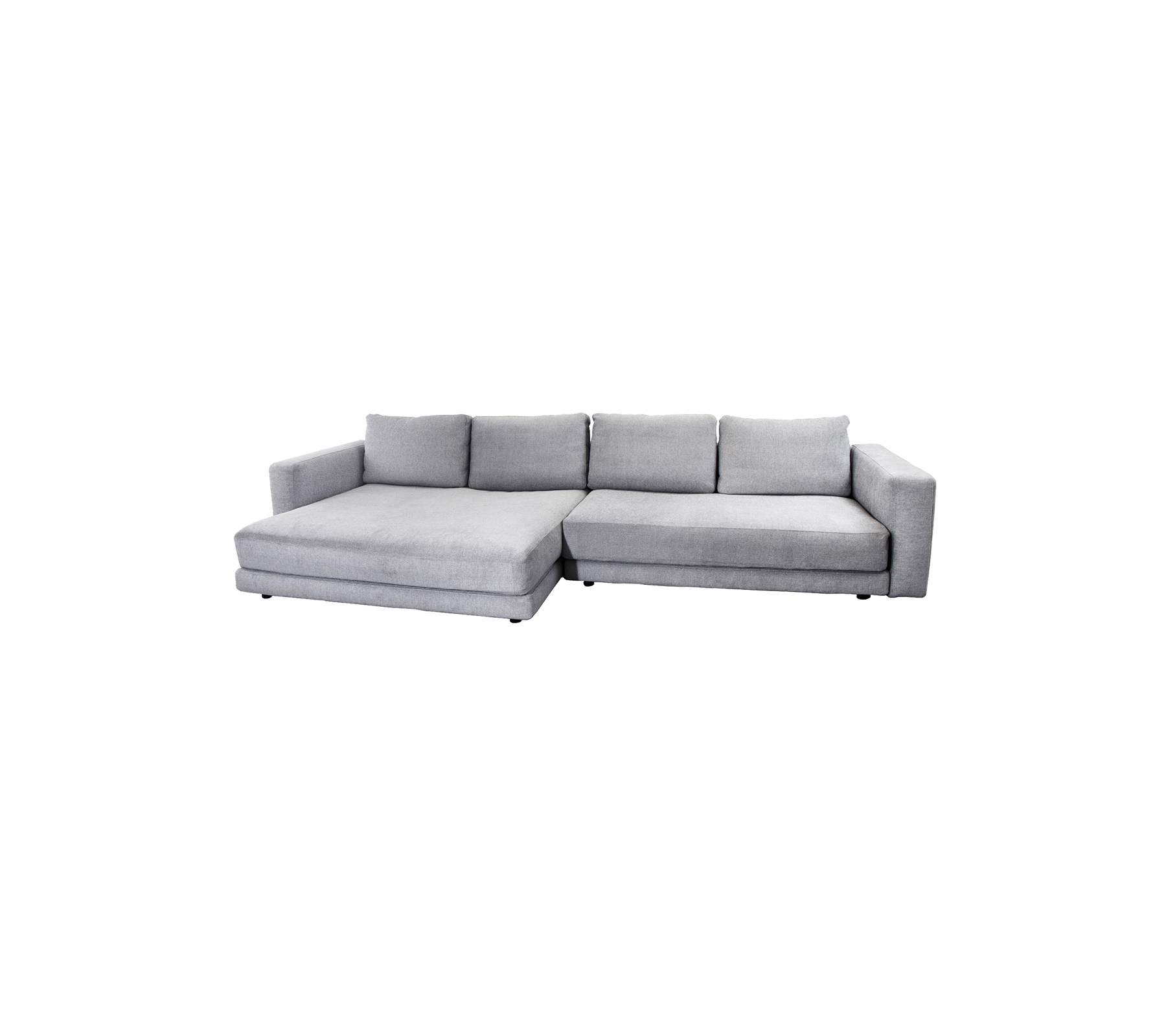 Elegantes graues Ecksofa mit Recamiere, ausgestattet mit weichen Kissen und einem schlanken Design für bequeme Sitzgelegenheiten.