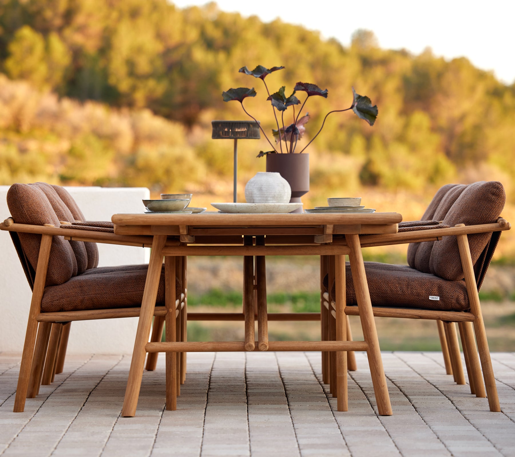 Teak Esstischset mit stilvollen Kissen, umgeben von einem Mittelpunkt aus dekorativen Pflanzen, perfekt für Zusammenkünfte.