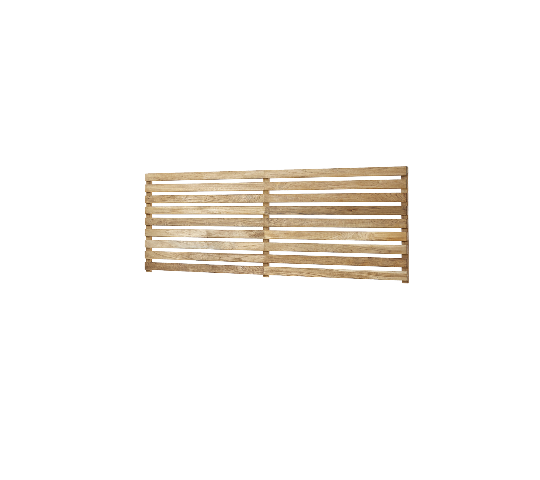 Holzlattenpaneel mit natürlichem Finish, das gleichmäßig verteilte Latten für Belüftung oder dekorative Zwecke aufweist.